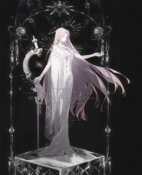 Rule 34 | 1girl, absurdres, black background, choker, closed mouth, commission, dress, elbow gloves, expressionless, eyelashes, full body, gloves, highres, holding, long hair, mihuashi commission, open hand, original, parted bangs, pink hair, shen a fang, sidelocks, solo, standing, very long hair, watermark, white choker, white dress, white eyes, white gloves