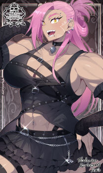 1girl :d abs asymmetrical_bangs bare_shoulders belt bilingual_commentary black_arm_warmers black_belt black_choker black_skirt black_tank_top breasts chain chest_strap choker cleavage commentary commission covered_abs cowboy_shot ear_piercing earrings english_commentary eyebrow_piercing face_piercing facial_mark folded_ponytail frilled_arm_warmers frilled_skirt frills gothic_punk hand_on_own_hip hand_up highres jewelry large_breasts layered_skirt long_hair looking_at_viewer matsumoto_tomoyohi microskirt mixed-language_commentary mouth_piercing multi-source_commentary muscular muscular_female navel navel_piercing nila_seabreeze_(aimee) o-ring_strap open_mouth original outline pendant_choker piercing pink_hair pink_outline shark_girl sharp_teeth skeb_commission skirt smile solo tank_top teeth thank_you thigh_strap triangle triangle_facial_mark tsurime watermark yellow_eyes