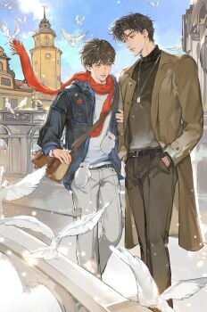 2boys bag belt bird blue_sky brown_eyes brown_hair brown_jacket brown_pants brown_shirt building day gloves grey_pants hand_in_pocket highres jacket jewelry lips liubai_615 long_sleeves looking_afar looking_at_another male_focus multiple_boys necklace original outdoors pants parted_bangs parted_lips red_scarf scarf shirt short_hair sky snowing standing sunlight white_bird winter yaoi