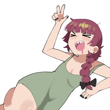 Rule 34 | > <, 1girl, abstractpurple, arm up, black bow, black nails, blunt bangs, blush, bocchi the rock!, bow, braid, braided ponytail, breasts, brown hair, cleavage, closed eyes, collarbone, commentary, dress, drooling, ear piercing, english commentary, green dress, hair bow, highres, hiroi kikuri, leg up, long hair, low-tied long hair, lying, on side, open mouth, piercing, sharp teeth, side ponytail, simple background, sleeveless, sleeveless dress, solo, teeth, thick thighs, thighs, upper teeth only, w, white background