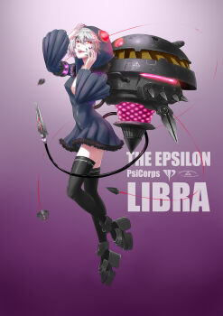 1girl armlet black_thighhighs breasts character_name command_&amp;_conquer command_&amp;_conquer:_red_alert command_&amp;_conquer:_red_alert_2 crazy_smile dart dress english_text floating frank_patriot fur-trimmed_dress fur_trim grey_hood hands_on_own_face highres hood hood_up horned_hood horns jewelry libra_(mental_omega) machine machinery mechanical_tail mental_omega_(mod) no_bra pale_skin pleated_dress pleated_sleeves psi-corps_symbol red_eyes resh_vav_yod_symbol shoes small_breasts smile solo tail telekinesis thighhighs zipper zipper_dress