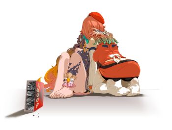 2girls ankleband anya_melfissa anya_melfissa_(1st_costume) bare_legs barefoot brown_hair detached_sleeves dress feet food gastornis_kfp hand_on_another&#039;s_neck hat highres hololive hololive_english hololive_indonesia implied_kiss long_hair medium_hair multiple_girls no_shoes on_floor orange_hair orange_shirt orange_skirt pocky ribbon shirt short_dress skirt takanashi_kiara takanashi_kiara_(1st_costume) thighhighs toenails toes very_long_hair virtual_youtuber yuri