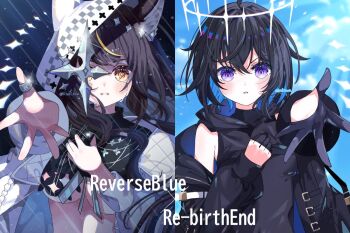 Rule 34 | 1girl, 1other, animal ear hood, animal ears, black bodysuit, black gloves, black hair, black jacket, blue eyes, blue hair, bodysuit, breasts, character request, colored inner hair, commentary request, copyright name, crying, crying with eyes open, fake animal ears, gender request, gloves, gradient eyes, grin, half gloves, halo, hitsuki (ruon), hood, hood down, hooded bodysuit, jacket, jewelry, long hair, long sleeves, medium hair, multicolored eyes, multicolored hair, orange eyes, purple eyes, reverseblue x re-birthend, ring, smile, tears, underboob, wolf ears