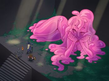 1girl 3others armor blonde_hair blue_cloak blue_hat cloak commentary english_commentary fake_horns fantasy giant giantess hammer hat heart heart-shaped_pupils helmet highres holding holding_hammer holding_staff holding_sword holding_torch holding_weapon horned_helmet horns long_hair lying monster_girl moss multiple_others nude original podrace_explode slime_girl staff sunlight sword symbol-shaped_pupils torch weapon witch_hat