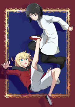 2boys absurdres azami_masurao black_hair black_pants black_shoes blonde_hair blue_eyes falling green_eyes highres hood hoodie jacket jewelry long_sleeves mario_gallo_bestino merem_solomon multicolored_shoes multiple_boys multiple_rings pants ring shoes short_hair shorts smile sweater tsukihime tsukihime_(remake) turtleneck white_shorts