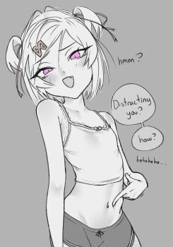 1girl :d arm_at_side bare_shoulders blush bob_cut breasts camisole casual collarbone commentary cowboy_shot crop_top doki_doki_literature_club dolphin_shorts drawstring english_commentary english_text exspiravitbag eyelashes fang frilled_camisole frills grey_background greyscale groin hair_between_eyes hair_intakes hair_ornament hair_ribbon hand_on_own_stomach head_tilt highres index_finger_raised looking_at_viewer loungewear midriff monochrome narrowed_eyes natsuki_(doki_doki_literature_club) navel open_mouth pink_eyes pointing pointing_at_self ribbon short_hair short_shorts shorts simple_background skin_fang skinny slit_pupils small_breasts smile solo speech_bubble spot_color standing swept_bangs teasing toned toned_female two_side_up x_hair_ornament