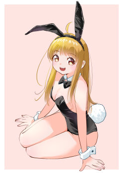 Rule 34 | 1girl, ahoge, animal ear hairband, animal ears, arm support, black bow, black bowtie, black leotard, blonde hair, bow, bowtie, breasts, brown eyes, cleavage, detached collar, fake animal ears, fake tail, hairband, leotard, long hair, looking at viewer, open mouth, original, pink background, playboy bunny, rabbit ear hairband, rabbit ears, rabbit tail, simple background, sitting, small breasts, solo, strapless, strapless leotard, tail, teeth, upper teeth only, wrist cuffs, yamanaka kouji (yanchiki2001), yokozuwari