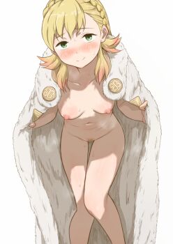 1girl blonde_hair blonde_pubic_hair blush braid breasts closed_mouth coat collarbone commentary_request commission female_pubic_hair fire_emblem fire_emblem_heroes flashing fur_coat green_eyes heavy_breathing kuhuku006f86 looking_at_viewer medium_breasts multicolored_hair naked_coat navel nervous_smile nintendo nipples nude official_alternate_costume pubic_hair red_hair sharena_(fire_emblem) sharena_(hopeful_princess)_(fire_emblem) simple_background skeb_commission small_breasts smile solo standing steaming_body sweat two-tone_hair white_background
