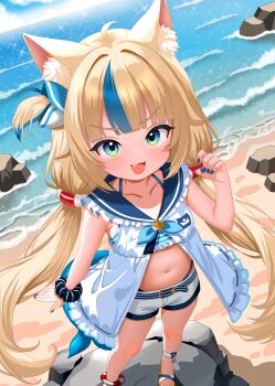 Rule 34 | 1girl, absurdres, ahoge, animal ear fluff, animal ears, arm up, beach, belt, bikini, bikini under clothes, blonde hair, blue eyes, blue streaks, cat ears, dress, fang, feet, fins, fish tail, from above, furfik, hashtag-only commentary, highres, indie virtual youtuber, lifebuoy anklet, lifebuoy hair ornament, long hair, looking at viewer, looking up, low twintails, multicolored hair, nail polish, navel, one side up, open clothes, open dress, open mouth, outdoors, rock, sameko saba, sameko saba (1st costume), sandals, scrunchie, short shorts, shorts, sleeveless, sleeveless dress, smile, solo, standing, stomach, streaked hair, striped bikini, striped clothes, sundress, swimsuit, tail, toes, twintails, very long hair, virtual youtuber, white dress, white shorts, wrist scrunchie