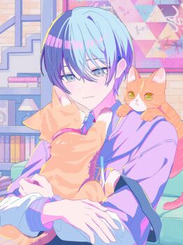 1boy 1other animal aoyagi_touya blue_hair cat closed_mouth collar green_eyes grey_eyes hashtag-only_commentary holding holding_animal holding_cat long_hair long_sleeves looking_at_animal male_focus mole mole_under_eye multicolored_hair project_sekai shelf shiba_yoyoyo shinonome_akito smile split-color_hair stairs very_long_hair