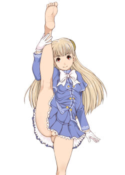 1girl barefoot blonde_hair censored e10 feet ingrid_(capcom) leg_up long_hair looking_at_viewer no_panties pussy red_eyes smile soles solo split standing standing_on_one_leg standing_split street_fighter toes