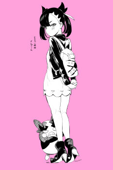 Rule 34 | 1girl, absurdres, arms behind back, asymmetrical bangs, backpack, bag, black footwear, black hair, black jacket, blush, boots, dress, ear piercing, from behind, full body, gen 8 pokemon, greyscale, greyscale with colored background, hair ribbon, highres, holding, holding poke ball, jacket, legs, looking at viewer, looking back, marnie (pokemon), monochrome, morpeko, morpeko (hangry), nintendo, parted lips, piercing, pink background, poke ball, pokemon, pokemon (creature), pokemon swsh, ribbon, short dress, simple background, standing, thighs, translation request, twintails, two side up, undercut, yumeno tanuki