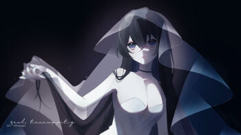 1girl bare_arms bare_shoulders black_background black_hair blue_eyes commentary dress highres indie_virtual_youtuber long_hair miru_(miruzuya) off-shoulder_dress off_shoulder see-through_clothes see-through_veil seol_(teacuppity)_(vtuber) sidelighting simple_background sleeveless sleeveless_dress solo upper_body veil virtual_youtuber white_dress