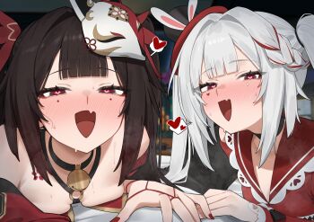 1boy 2girls :d bare_shoulders bell black_choker black_hair breast_press breasts caelus_(honkai:_star_rail) choker commentary_request dress fang flasso fox_mask grey_hair heart heart-shaped_pupils highres honkai:_star_rail honkai_(series) mark_under_both_eyes mask mask_on_head multiple_girls neck_bell open_mouth pov red_dress skin_fang small_breasts smile sparkle_(honkai:_star_rail) sparxie_(honkai:_star_rail) spoken_heart steaming_body symbol-shaped_pupils trailblazer_(honkai:_star_rail) twintails