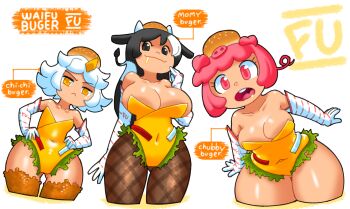 3girls animal_ears big_breasts bird black_hair breasts burger burger_lingerie bursting_breasts cheese chi-chi_burger chicken chubby_burger cleavage costume cow_ears cow_girl curious drooling female_focus flat_chest food hands_on_own_hips highres horns long_ears looking_at_viewer looking_down minuspal momy_burger multiple_girls original pantyhose pig pink_hair salad shiny_skin tagme talking thick_thighs thighhighs thighs waifu_burger white_hair