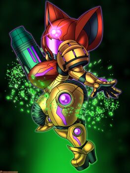 1girl absurdres animal_ears artist_name bat_ears breasts commentary cosplay english_commentary highres large_ears leg_lift metroid nintendo omegasunburst patreon_logo rouge_the_bat samus_aran samus_aran_(cosplay) solo sonic_(series)