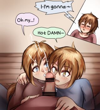 1boy 2girls age_difference bar_censor blue_eyes blush brother_and_sister brown_hair censored closed_eyes clothed_sex cooperative_fellatio cum ejaculation english_text ethan(33327245) ethanppj fellatio freckles green_eyes hetero incest mother_and_daughter mother_and_son multiple_girls onee-shota oral original oyakodon_(sex) shota siblings surprised teamwork_(sexual)