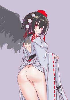 1girl ass ass_focus back bird_wings black_hair black_wings blush breasts commentary_request cowboy_shot feathered_wings from_behind from_side hat highres japanese_clothes kimono no_panties pom_pom_(clothes) purple_background pussy red_eyes sash shameimaru_aya short_hair simple_background sketch soara_shimomo solo tengu tokin_hat touhou transparent_wings uncensored wings
