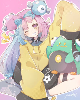1girl absurdres arm_up bellibolt blue_background blue_hair blush bow-shaped_hair character_hair_ornament commentary_request full_body gradient_background grey_pantyhose grin hair_ornament highres iono_(pokemon) jacket long_hair long_sleeves looking_at_viewer multicolored_hair muto_095 nintendo one_eye_closed outline pantyhose pink_background pink_eyes pink_hair pokemon pokemon_(creature) pokemon_scarlet_and_violet single_leg_pantyhose sitting sleeves_past_fingers sleeves_past_wrists smile two-tone_hair white_outline yellow_jacket