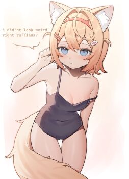 1girl animal_ear_fluff animal_ears bandaid bandaid_hair_ornament blonde_hair blue_eyes closed_mouth collarbone commentary cowboy_shot dog_ears dog_girl dog_tail fake_horns hair_between_eyes hair_ornament hairband highres hololive hololive_english horn_hairband horns looking_at_viewer mococo_abyssgard one-piece_swimsuit pink_hairband short_hair simple_background solo speech_bubble strap_slip swimsuit szuukie tail virtual_youtuber white_background