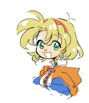 1girl ahiru_(princess_tutu) ahoge blonde_hair blush_stickers cecilia_lynne_adelhyde coat commentary_request earrings green_eyes hairband jewelry looking_at_viewer open_mouth princess_tutu red_hairband sakakai_toppa short_hair simple_background smile solo white_background wild_arms wild_arms_1