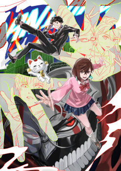 2boys 4girls adjusting_eyewear ayase_momo ayase_seiko ball black_jacket black_pants blue_skirt bow bowtie brown_eyes brown_hair brown_shoes clenched_teeth colored_skin commentary crossed_bangs daenarys dandadan earrings enjoji_jin facial_mark full_body gakuran glasses glint grey_skin hair_between_eyes highres jacket jewelry kami_high_school_uniform long_sleeves looking_at_viewer loose_bowtie loose_socks maneki-neko mask miniskirt mouth_mask multiple_boys multiple_girls open_mouth outstretched_arms pants pink_sweater pleated_skirt red_bow red_bowtie red_eyes round_eyewear school_uniform shiratori_aira_(dandadan) shirt shirt_under_sweater shoes short_hair skirt socks sweater takakura_ken_(dandadan) takakura_ken_(transformed)_(dandadan) teeth transformation turbo_granny_(dandadan) upper_body white_shirt white_socks wing_collar