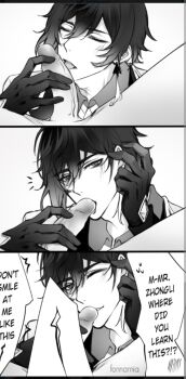 2boys absurdres blush caressing_hair english_text fellatio fonnarnia genshin_impact highres looking_at_viewer multiple_boys one_eye_closed oral seductive_gaze seductive_smile smile speech_bubble tartaglia_(genshin_impact) white_background wink yaoi zhongli_(genshin_impact)