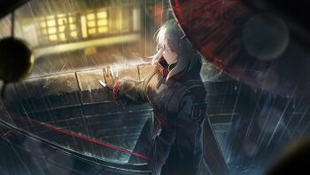 1girl 1other archery_shooting_glove black_jacket black_skirt blue_eyes bow cropped_jacket faust_(project_moon) game_cg gloves highres jacket limbus_company long_skirt medium_hair nai_ga official_art partially_fingerless_gloves project_moon rain red_shirt shi_association_east_uniform shirt silhouette skirt solo_focus umbrella white_hair