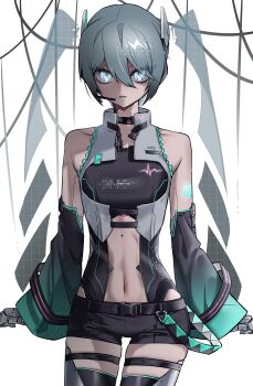 1girl absurdres aqua_eyes aqua_hair bare_shoulders belt black_belt black_shorts black_thighhighs cable commentary detached_sleeves hatsune_miku headset highres looking_at_viewer mechanical_hands navel number_tattoo parted_lips robot_girl sakumi_kumori short_shorts shorts shoulder_tattoo skindentation sleeveless solo standing tattoo thigh_belt thigh_strap thighhighs vocaloid