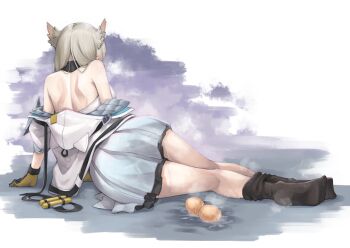 Rule 34 | 1girl, absurdres, arknights, arknights: endfield, arm support, bare shoulders, black gloves, black pantyhose, clothes pull, commentary request, egg, egg laying, from behind, full body, gloves, grey hair, grey skirt, highres, jacket, long hair, lying, off shoulder, pantyhose, pantyhose pull, partial commentary, perlica (arknights), pleated skirt, semi colon, skirt, solo, steaming body, sweat, white jacket, yellow gloves