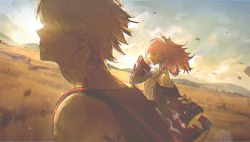 1boy 1girl allsun111 blue_sky breasts coat cyrene_(honkai:_star_rail) cyrene_(philia093)_(honkai:_star_rail) dress gold_tattoo hair_ornament hashtag-only_commentary highres honkai:_star_rail honkai_(series) neck_tattoo outdoors phainon_(a_dream_scented_in_wheat)_(honkai:_star_rail) phainon_(honkai:_star_rail) pink_hair purple_coat short_hair sky small_breasts tattoo wheat wheat_field white_dress white_hair