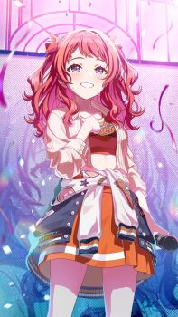 &gt;_&lt; blue_eyes buttons clothes_around_waist confetti english_text gakuen_idolmaster game_cg grin hanami_saki holding holding_microphone idolmaster microphone monitor official_art pencil_skirt red_hair skirt smile star_(symbol) sweat sweater sweater_around_waist twintails