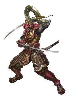 1boy absurdres armor dual_wielding faulds from_side full_armor game_cg gauntlets greaves hakama helmet highres holding holding_sword holding_weapon japanese_clothes katana male_focus mask official_art oni_mask pauldrons shoulder_armor simple_background solo spread_legs sword tachi_(weapon) tekken tekken_tag_tournament_2 unsheathed weapon wheel white_background yamashita_shun'ya yoshimitsu_(namco)