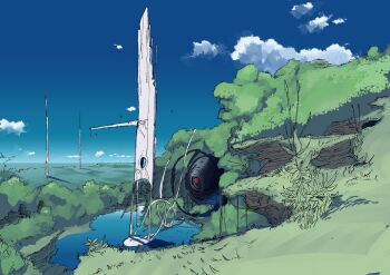 blue_sky cliff cloud commentary day forest highres keyyan lake nature no_humans original outdoors reflection reflective_liquid scenery science_fiction sky structure