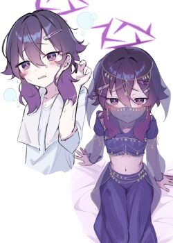 1girl arm_support blue_archive blush closed_mouth dancer grey_shirt hair_between_eyes hair_ornament hairclip halo haruka_(blue_archive) highres kasunokori long_sleeves looking_at_viewer mouth_veil multiple_views navel open_mouth purple_eyes purple_hair purple_halo see-through_clothes see-through_sleeves shirt simple_background sitting towel towel_around_neck veil white_background
