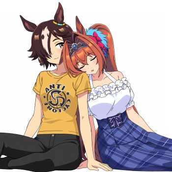 Rule 34 | animal ears, bare shoulders, black pants, blue skirt, blush, breasts, brown eyes, brown hair, casual, closed eyes, closed mouth, collarbone, commentary request, daiwa scarlet (casual) (umamusume), daiwa scarlet (umamusume), frilled shirt, frills, hair intakes, hair over one eye, highres, horse ears, horse girl, horse tail, large breasts, leaning on person, leaning to the side, long hair, multicolored hair, multiple girls, off-shoulder shirt, off shoulder, open mouth, pants, plaid clothes, plaid skirt, sakuraji rai, shirt, simple background, skirt, smile, tail, tiara, twintails, umamusume, very long hair, vodka (casual) (umamusume), vodka (umamusume), white background, white shirt, yellow shirt