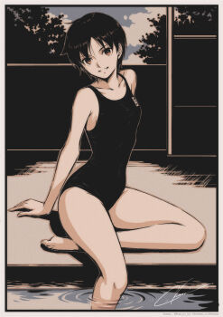 1girl absurdres alternate_costume bare_arms bare_legs barefoot black_hair black_one-piece_swimsuit breasts brown_eyes collarbone covered_navel grin head_tilt highres kasugano_sakura limited_palette looking_at_viewer one-piece_swimsuit outdoors poolside school_swimsuit short_hair signature small_breasts smile soaking_feet solo street_fighter swimsuit tyanoki