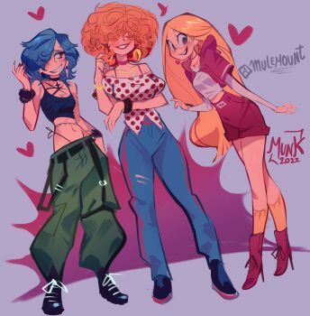 3girls absurdres baggy_pants blonde_hair blue_hair boots choker ed_edd_n_eddy hair_over_eyes hair_over_one_eye high_heel_boots high_heels highres kanker_sisters lee_kanker long_hair marie_kanker may_kanker mulemount multiple_girls pants red_hair siblings sisters skirt
