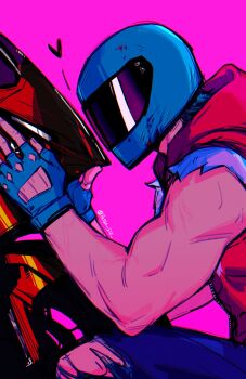 Rule 34 | 1boy, arms up, biker (hotline miami), blue gloves, blue hair, blue pants, clothing cutout, commentary, english commentary, fingerless gloves, from side, glove cutout, gloves, heart, helmet, highres, hood, hooded jacket, hotline miami, jacket, male focus, motor vehicle, motorcycle, motorcycle helmet, pants, red jacket, short sleeves, sleeveless, sleeveless jacket, solo, squatting, tatsu (tatsumccree), toned, toned male, torn clothes, torn pants, torn sleeves, twitter username, unzipped