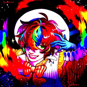 Rule 34 | 1boy, aegyo sal, ahoge, animification, artist name, blue gloves, bow, bowtie, brown hair, clown, colorful, commentary, crazy, crazy smile, dithering, earrings, english commentary, eyelashes, gloves, green eyes, grin, hair over one eye, hand up, hannnsh, hermitcraft, highres, jewelry, lips, long sleeves, looking at viewer, male focus, minecraft youtube, mismatched earrings, multicolored hair, multicolored shirt, official alternate costume, pointy ears, rainbow, rainbow hair, ringed eyes, sharp teeth, smallishbeans, smile, streaked hair, striped bow, striped bowtie, striped clothes, teeth, upper body, variant set, vest, white vest, yellow bow, yellow bowtie