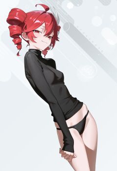 1girl :3 absurdres ahoge arms_at_sides artist_name black_panties black_sweater blush breasts closed_mouth commentary contrapposto cowboy_shot drill_hair english_commentary eyelashes from_side grey_background groin hair_between_eyes hair_ribbon highres hip_bones kasane_teto kasane_teto_(sv) light_blush long_sleeves looking_at_viewer looking_to_the_side narrowed_eyes naughty_face no_pants otokakoto panties petite red_eyes red_hair ribbon skinny sleeves_past_wrists small_breasts smile smug solo standing sweater synthesizer_v turtleneck turtleneck_sweater twin_drills underwear utau white_ribbon