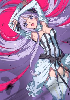 1girl :d absurdres armpits arms_up bare_shoulders black_bow black_nails blush bow braid breasts chinese_commentary cleavage collar commentary_request detached_sleeves fate/strange_fake fate_(series) francesca_prelati_(fate) frilled_collar frills front_slit garter_straps hair_bow hair_spread_out highres long_hair looking_at_viewer medium_breasts open_mouth pink_background purple_eyes purple_hair ringed_eyes skull_print sleeves_past_wrists smile solo strapless striped_clothes thighhighs vertical-striped_clothes very_long_hair white_thighhighs youguo_naberu