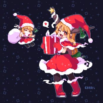 1girl ;d blush_stickers boots box brown_horns capelet chibi christmas closed_eyes commentary dress fang full_body fur-trimmed_boots fur-trimmed_capelet fur-trimmed_dress fur-trimmed_gloves fur-trimmed_headwear fur_trim gift gift_box gloves green_ribbon hat heart holding holding_gift holding_sack horn_ornament horn_ribbon horns ibuki_suika kumamoto_(bbtonhk2) long_hair looking_at_viewer multiple_views one_eye_closed open_mouth orange_hair pixel_art red_boots red_capelet red_dress red_eyes red_gloves red_hat ribbon sack santa_costume santa_dress santa_hat sidelocks signature smile spoken_heart standing touhou