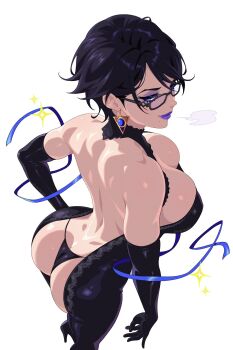 1girl ass back bayonetta bayonetta_(series) bayonetta_2 black_hair blue_eyes bodysuit breasts butt_crack cam_the_art_guy cleavage commentary earrings english_commentary glasses highres jewelry large_breasts lips lipstick long_hair looking_at_viewer makeup mole mole_under_mouth short_hair smile solo thong underwear