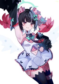 Rule 34 | 1girl, absurdres, arm up, armpit focus, armpits, bare shoulders, black choker, black hair, black thighhighs, blush, bow, breasts, choker, clothing cutout, colored inner hair, commentary request, detached sleeves, dress, fur-trimmed sleeves, fur trim, green bow, green halo, hair bow, halo, highres, multicolored hair, multiple hair bows, nangong yu, navel, navel cutout, necktie, nekomiya mint, parted lips, pink bow, presenting armpit, red eyes, red necktie, short twintails, simple background, small breasts, smile, solo, thighhighs, twintails, white background, white dress, white wings, wings, zenless zone zero