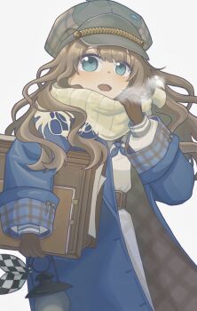 1girl :d adjusting_scarf blue_coat blue_eyes blue_neckerchief breath brown_gloves brown_hair carrying carrying_under_arm coat dress gloves grey_hat hat highres holding holding_lantern holding_suitcase lantern long_hair looking_at_viewer marcus_(reverse:1999) neckerchief neranera newsboy_cap open_mouth reverse:1999 scarf smile solo suitcase upper_body wavy_hair white_background white_dress white_scarf