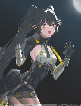 1girl absurdres black_bodysuit black_hair black_shrug bodysuit breasts commentary commission cosplay english_commentary highres karenina:_scire_(pgr) karenina_(pgr) karenina_(pgr)_(cosplay) long_hair looking_at_viewer lucia_(pgr) mechanical_arms medium_breasts multicolored_hair open_mouth pixiv_commission punishing:_gray_raven shrug_(clothing) sidelocks smile solo streaked_hair tirufing twintails twisted_torso very_long_hair