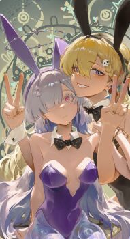 2girls absurdres alternate_costume animal_ear_hairband animal_ears bare_shoulders black_bow black_bowtie black_leotard blonde_hair bow bowtie breasts commentary detached_collar double_v fake_animal_ears hair_between_eyes hair_ornament hairband highres leotard liudaohai6001 long_hair looking_at_viewer lynae_(wuthering_waves) medium_breasts mornye_(wuthering_waves) multiple_girls playboy_bunny purple_leotard rabbit_ear_hairband rabbit_ears red_eyes see-through_body skull_hair_ornament strapless strapless_leotard symbol-only_commentary v white_hair wuthering_waves