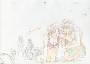 10s 4girls 6+boys beach beach_volleyball bikini bindi breasts canaria_berstein cleavage color_trace glasses highres long_hair macross macross_frontier macross_frontier:_sayonara_no_tsubasa mina_roshan monica_lang multiple_boys multiple_girls production_art ram_hoa short_hair sketch swimsuit