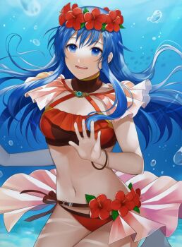 1girl bikini blue_eyes blush canvas_(object) female_focus fire_emblem fire_emblem:_the_binding_blade fire_emblem_heroes flower hair_between_eyes hair_flower hair_ornament highres kyufe lilina_(fire_emblem) lilina_(summer)_(fire_emblem) long_hair looking_at_viewer navel nintendo simple_background smile solo swimsuit underwater water
